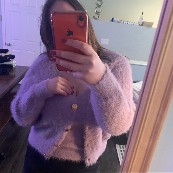 Fuzzy Purple Matching Set with Gold Buttons (Tank & Cardigan) - Picture 5 of 5